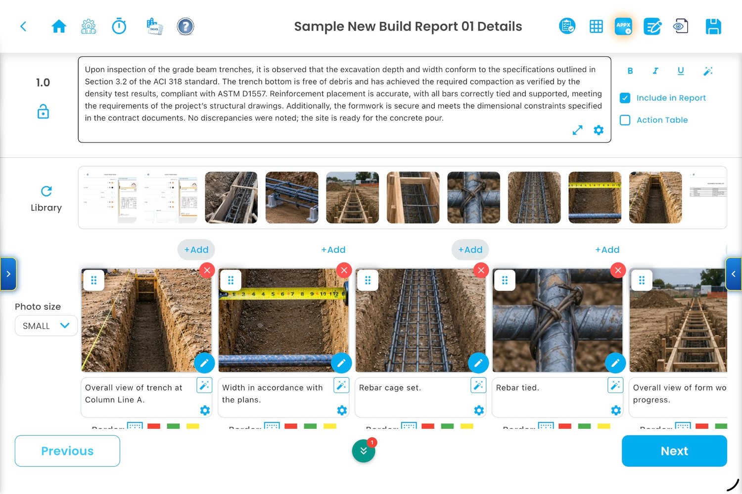 Observation Reports report editor screenshot showing observations, photos, captions, and report controls